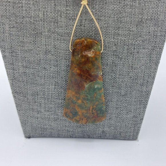Semi Precious Stone Necklace Green Brown Gold Toned Statement Pendant Natural Ro - Picture 3 of 7